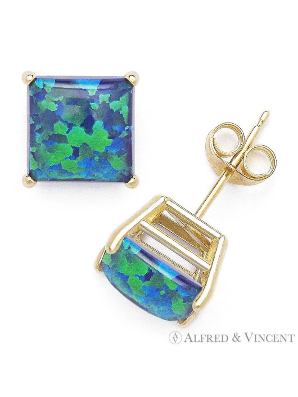 Square Cabochon Peacock Blue Opal Stud Earrings in Solid 14k Yellow Gold